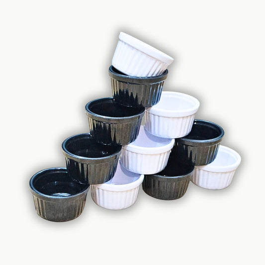 Black and white melamine ramekins used for sauces and dips