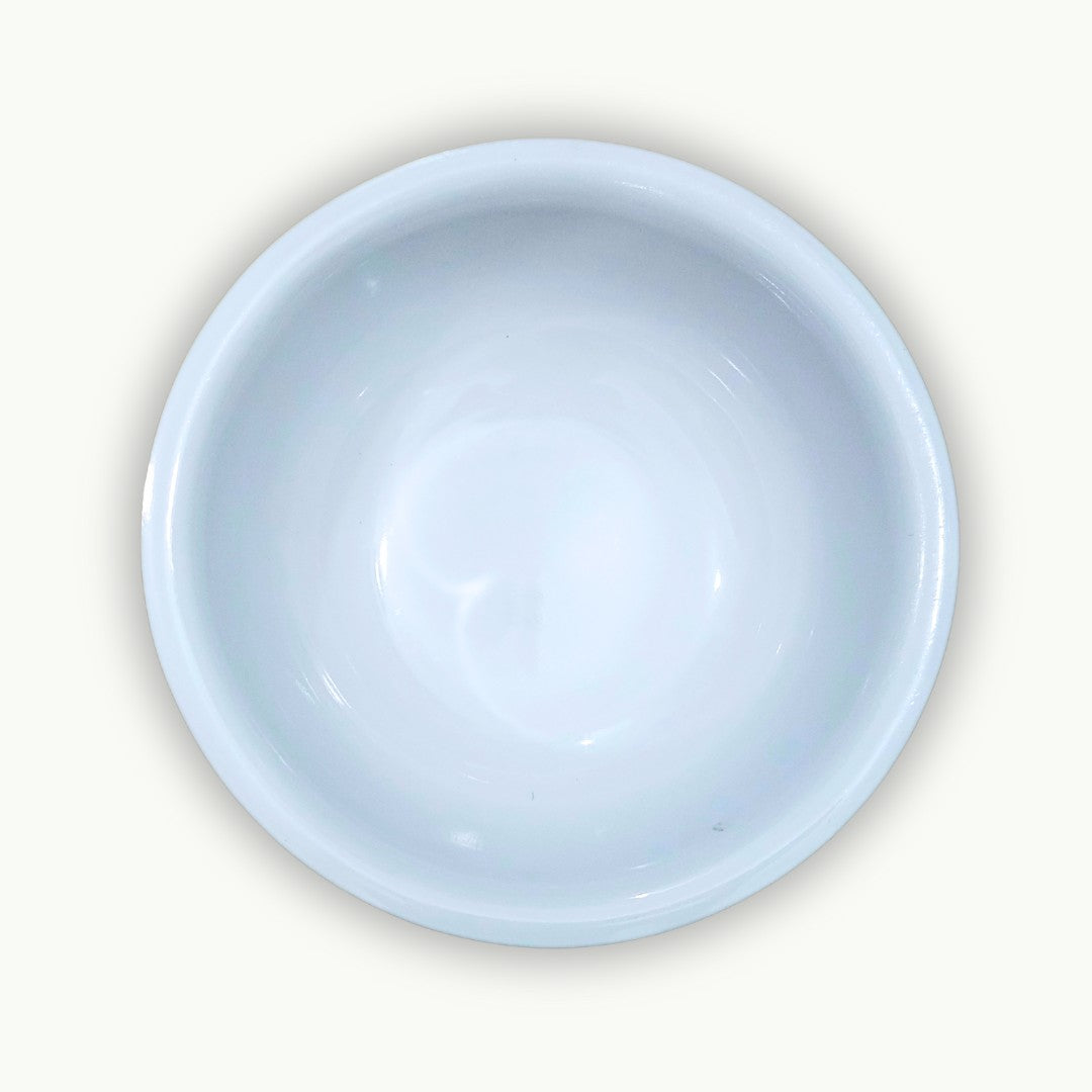 DineLux pack of three white melamine round serving bowls.