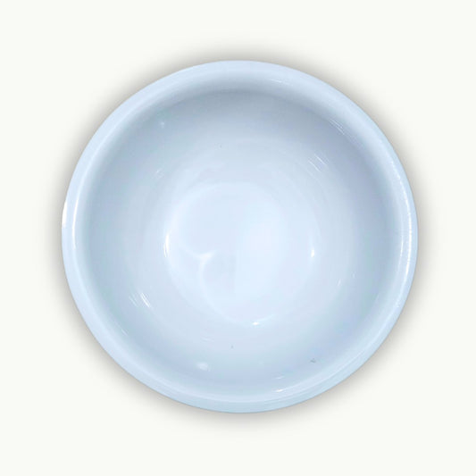 DineLux pack of three white melamine round serving bowls.